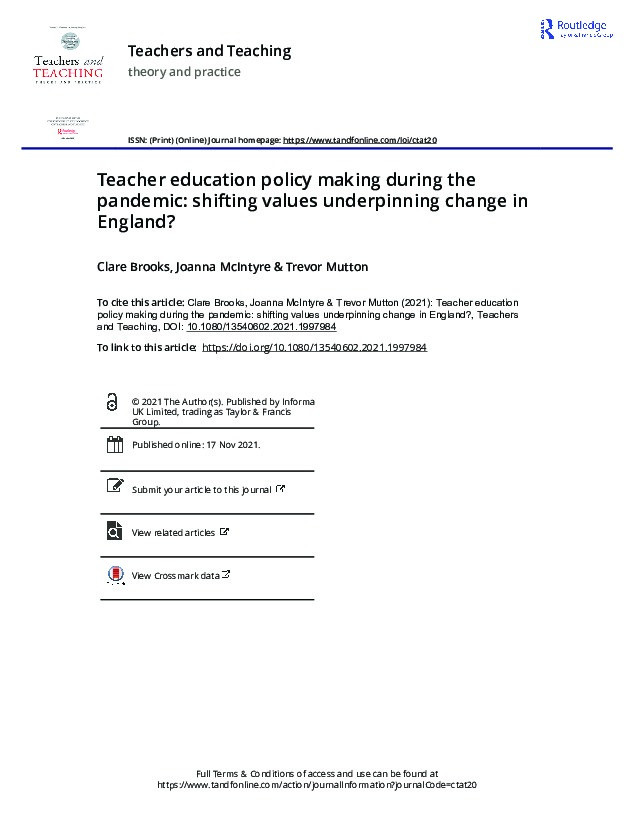 Teacher education policy making during the pandemic: shifting values underpinning change in England? Thumbnail