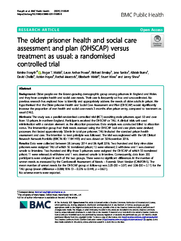 The older prisoner health and social care assessment and plan (OHSCAP) versus treatment as usual: a randomised controlled trial Thumbnail