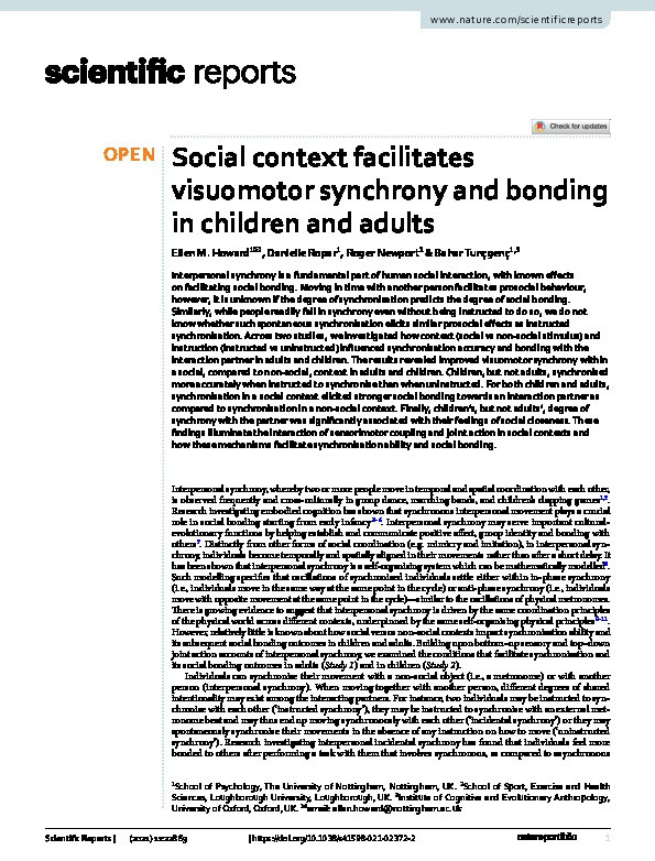 Social context facilitates visuomotor synchrony and bonding in children and adults Thumbnail
