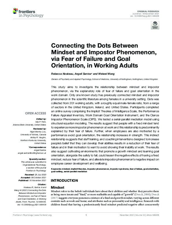 Connecting the Dots Between Mindset and Impostor Phenomenon, via Fear of Failure and Goal Orientation, in Working Adults Thumbnail