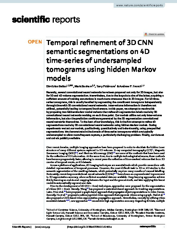 Temporal refinement of 3D CNN semantic segmentations on 4D time-series of undersampled tomograms using hidden Markov models Thumbnail