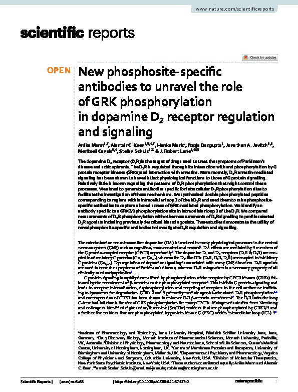 New phosphosite-specific antibodies to unravel the role of GRK phosphorylation in dopamine D2 receptor regulation and signaling Thumbnail