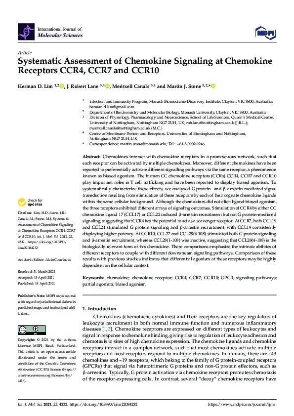 Systematic assessment of chemokine signaling at chemokine receptors ccr4, ccr7 and ccr10 Thumbnail