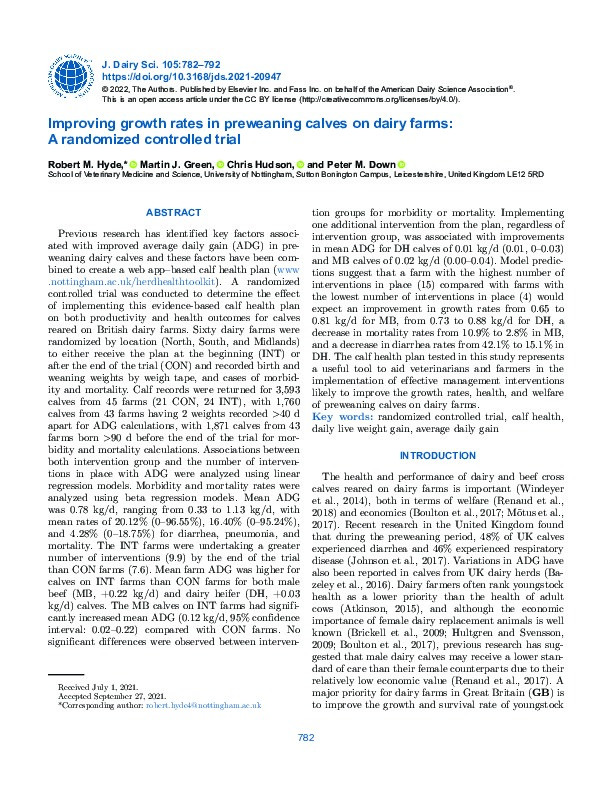 Improving growth rates in preweaning calves on dairy farms: A randomized controlled trial Thumbnail