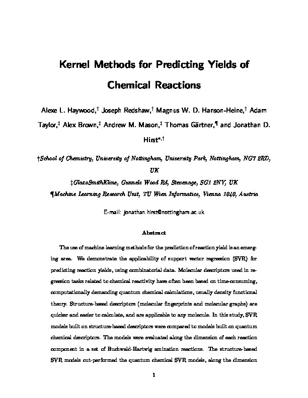 Kernel Methods for Predicting Yields of Chemical Reactions Thumbnail