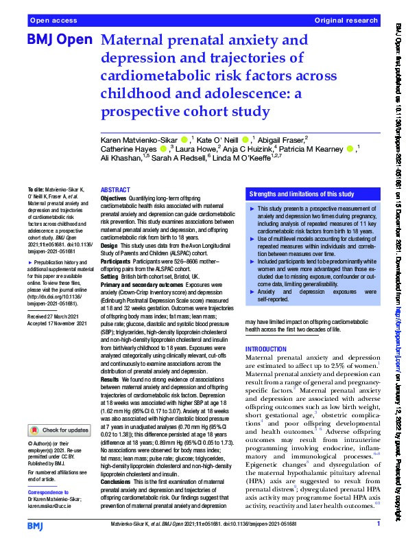 Maternal prenatal anxiety and depression and trajectories of cardiometabolic risk factors across childhood and adolescence: a prospective cohort study Thumbnail
