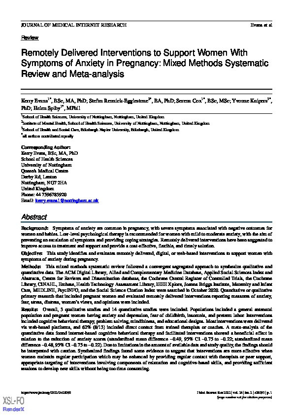 Remotely Delivered Interventions to Support Women With Symptoms of Anxiety in Pregnancy: Mixed Methods Systematic Review and Meta-analysis Thumbnail