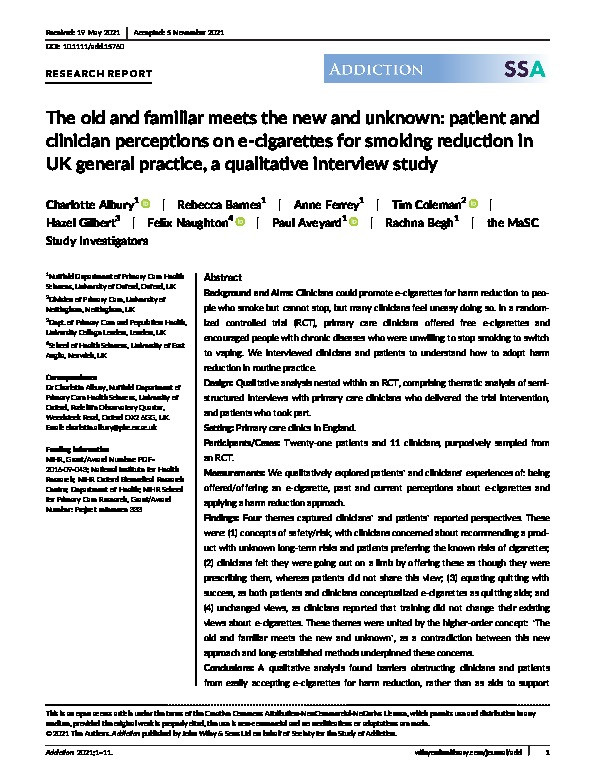 The old and familiar meets the new and unknown: patient and clinician perceptions on e-cigarettes for smoking reduction in UK general practice, a qualitative interview study Thumbnail