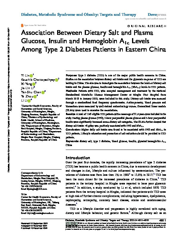 Association Between Dietary Salt and Plasma Glucose, Insulin and Hemoglobin A1c Levels Among Type 2 Diabetes Patients in Eastern China Thumbnail
