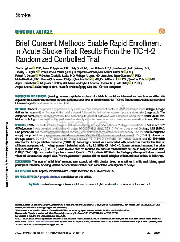 Brief Consent Methods Enable Rapid Enrollment in Acute Stroke Trial: Results From the TICH-2 Randomized Controlled Trial Thumbnail