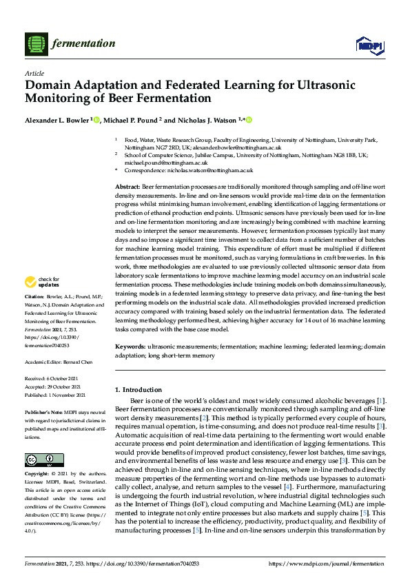 Domain adaptation and federated learning for ultrasonic monitoring of beer fermentation Thumbnail