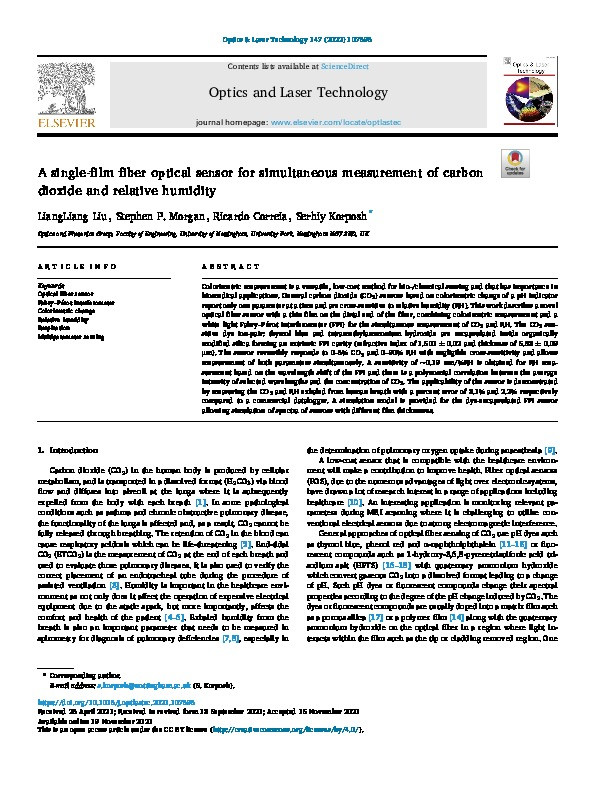 A single-film fiber optical sensor for simultaneous measurement of carbon dioxide and relative humidity Thumbnail