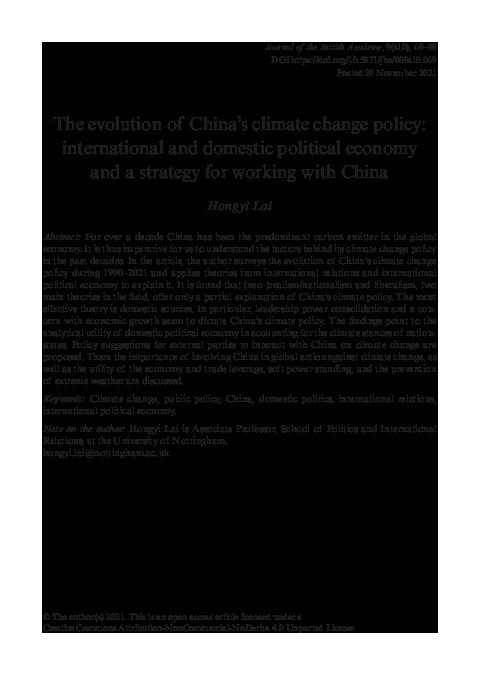 The evolution of China's climate change policy: international and domestic political economy and a strategy for working with China Thumbnail