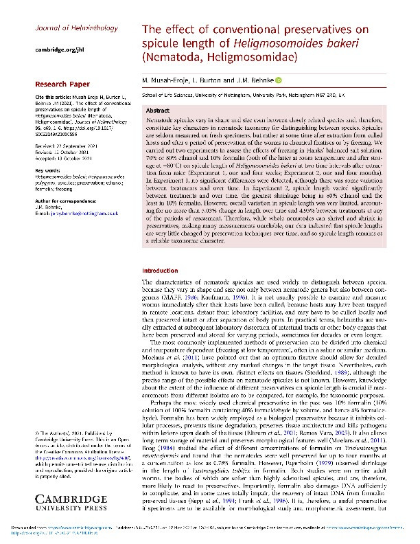 The effect of conventional preservatives on spicule length of Heligmosomoides bakeri (Nematoda, Heligmosomidae) Thumbnail