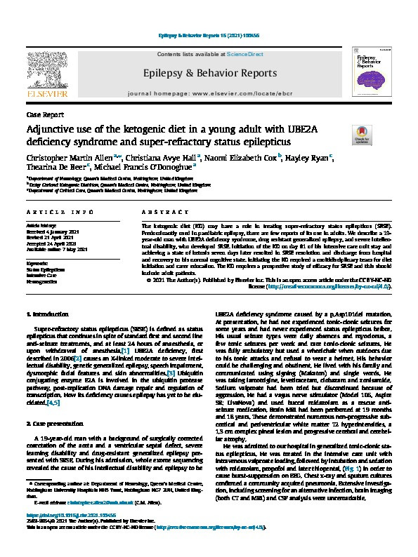 Adjunctive use of the ketogenic diet in a young adult with UBE2A deficiency syndrome and super-refractory status epilepticus Thumbnail