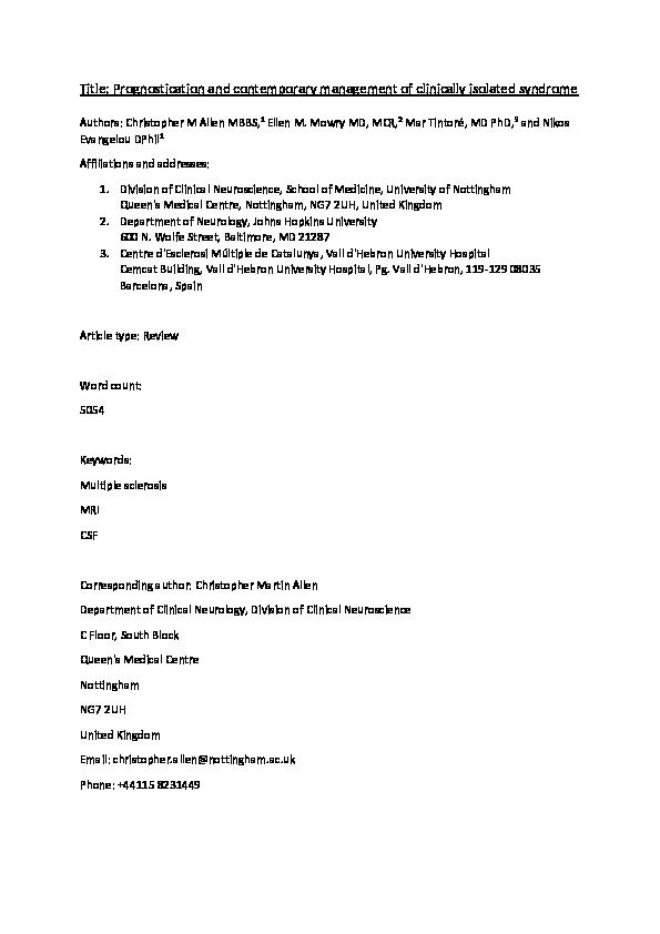 Prognostication and contemporary management of clinically isolated syndrome Thumbnail