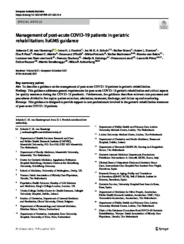 Management of post-acute COVID-19 patients in geriatric rehabilitation: EuGMS guidance Thumbnail