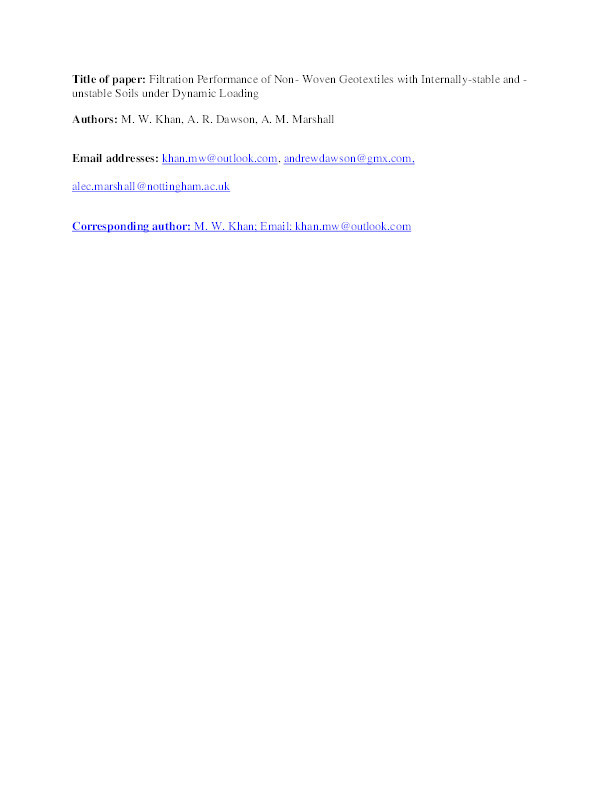 Filtration performance of non- woven geotextiles with internally-stable and -unstable soils under dynamic loading Thumbnail