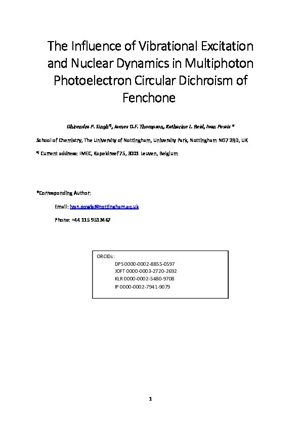 Influence of Vibrational Excitation and Nuclear Dynamics in Multiphoton Photoelectron Circular Dichroism of Fenchone Thumbnail