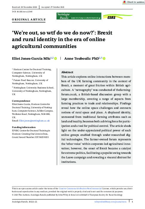 ‘We're out, so wtf do we do now?’: Brexit and rural identity in the era of online agricultural communities Thumbnail