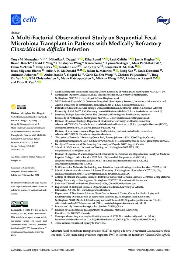 A Multi-Factorial Observational Study on Sequential Fecal Microbiota Transplant in Patients with Medically Refractory Clostridioides difficile Infection Thumbnail