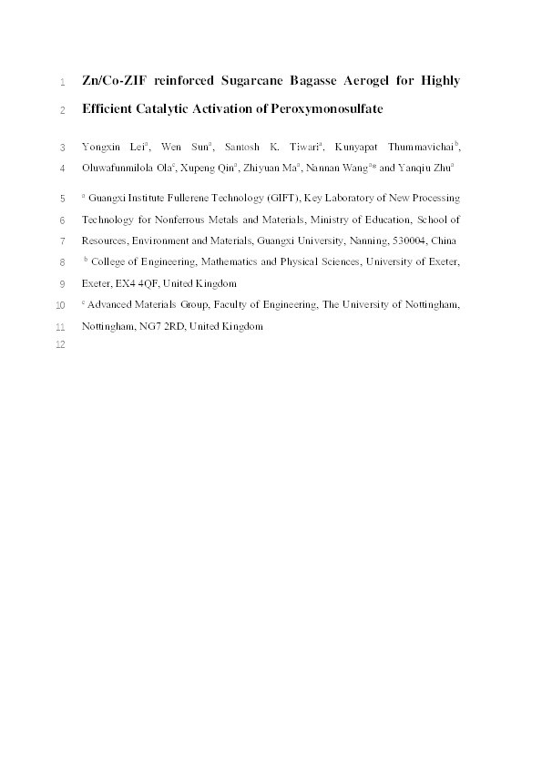 Zn/Co-ZIF reinforced sugarcane bagasse aerogel for highly efficient catalytic activation of peroxymonosulfate Thumbnail