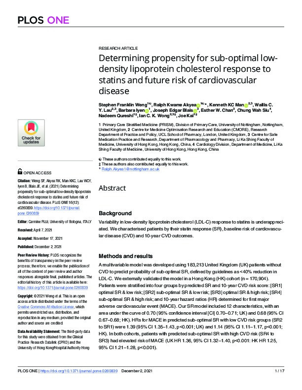Determining propensity for sub-optimal low-density lipoprotein cholesterol response to statins and future risk of cardiovascular disease Thumbnail