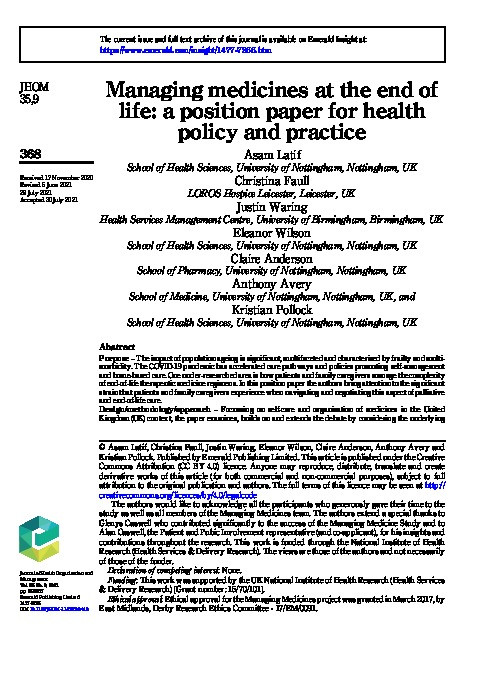 Managing medicines at the end of life: a position paper for health policy and practice Thumbnail