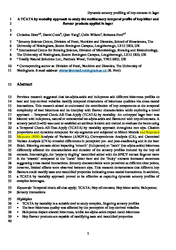 A TCATA by modality approach to study the multisensory temporal profile of hop bitter and flavour products applied in lager Thumbnail