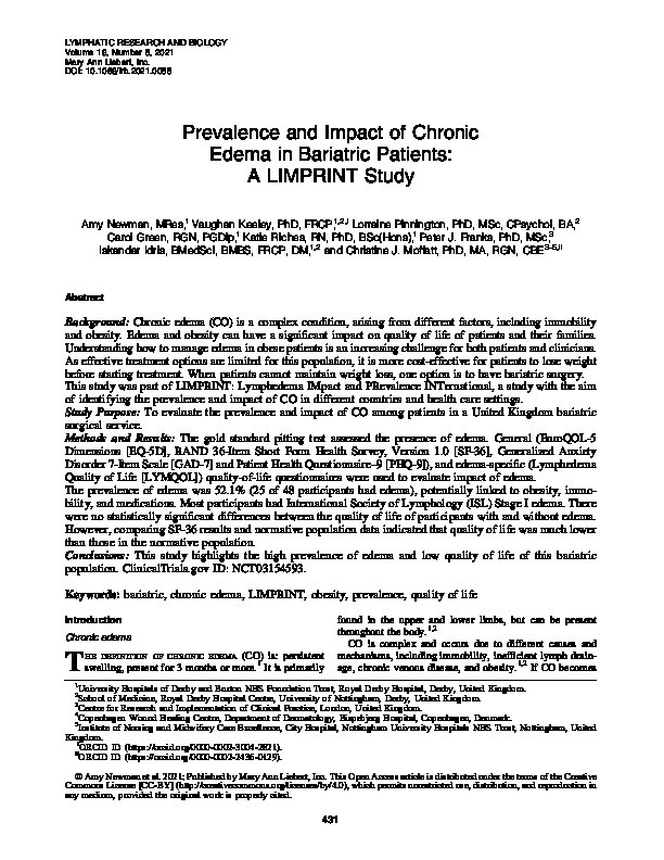 Prevalence and Impact of Chronic Edema in Bariatric Patients: A LIMPRINT Study Thumbnail