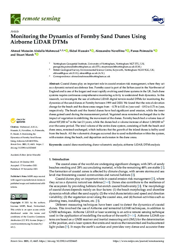 Monitoring the Dynamics of Formby Sand Dunes Using Airborne LiDAR DTMs Thumbnail