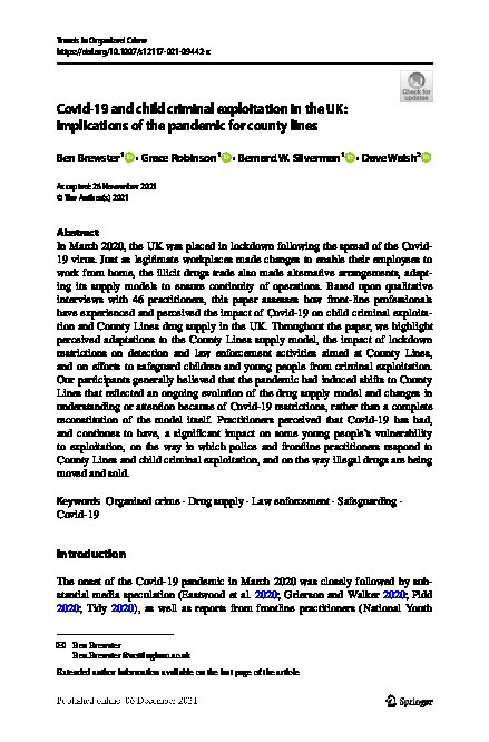 Covid-19 and child criminal exploitation in the UK: implications of the pandemic for county lines Thumbnail