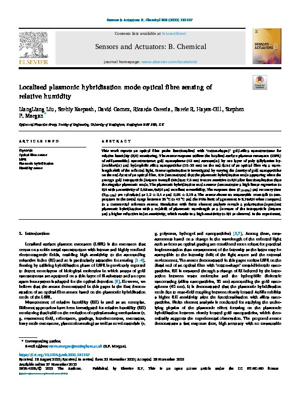 Localised plasmonic hybridisation mode optical fibre sensing of relative humidity Thumbnail