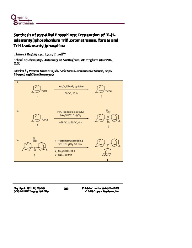 Synthesis of tert-Alkyl Phosphines: Preparation of Di-(1-adamantyl)phosphonium Trifluoromethanesulfonate and Tri-(1-adamantyl)phosphine Thumbnail