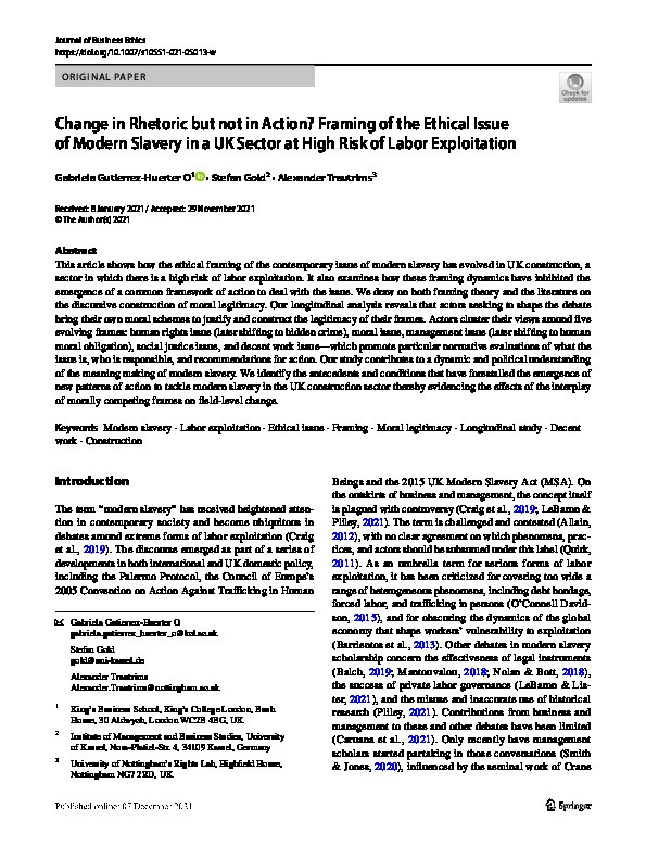 Change in rhetoric but not in action? Framing of the ethical issue of modern slavery in a UK sector at high risk of labor exploitation Thumbnail
