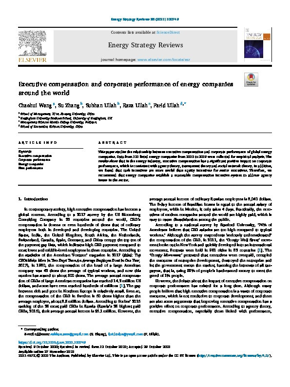 Executive compensation and corporate performance of energy companies around the world Thumbnail