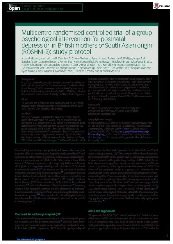 Multicentre randomised controlled trial of a group psychological intervention for postnatal depression in British mothers of South Asian origin (ROSHNI-2): Study protocol Thumbnail
