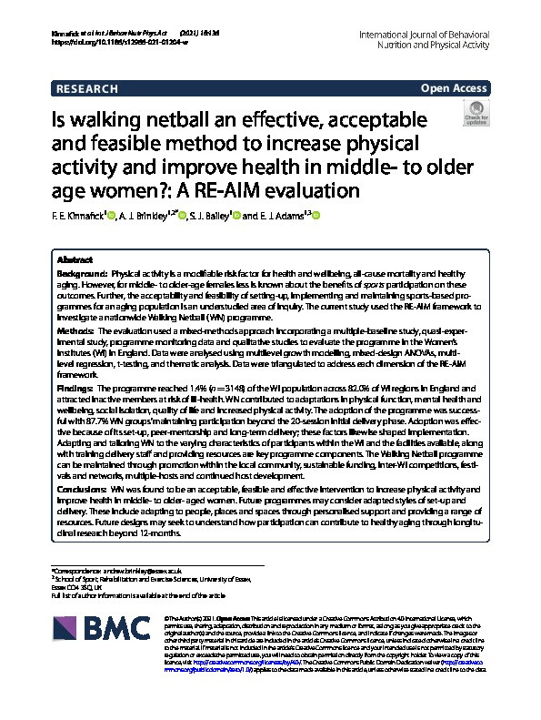 Is walking netball an effective, acceptable and feasible method to increase physical activity and improve health in middle- to older age women?: A RE-AIM evaluation Thumbnail