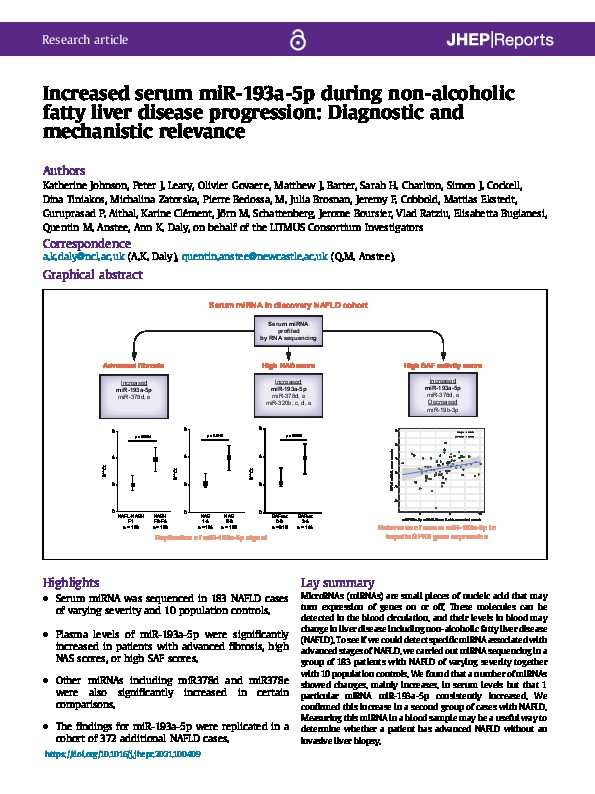 Increased serum miR-193a-5p during non-alcoholic fatty liver disease progression: Diagnostic and mechanistic relevance Thumbnail