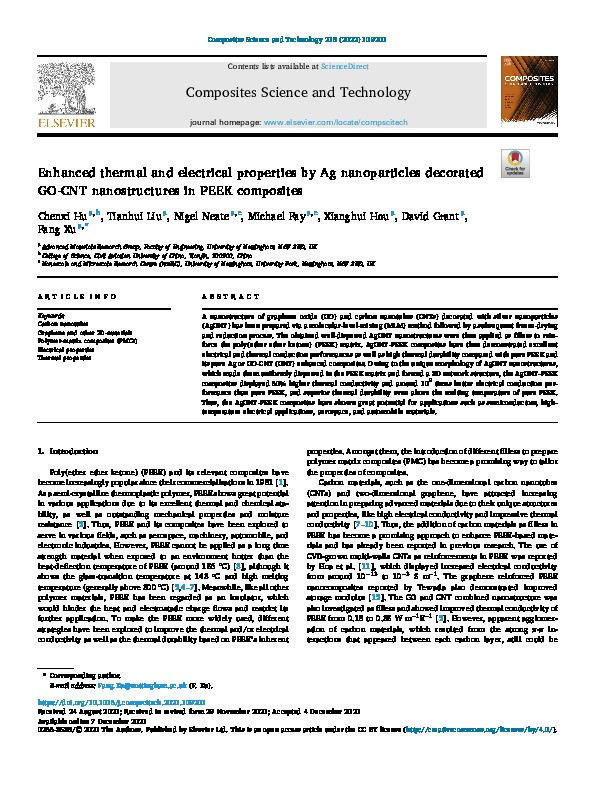 Enhanced thermal and electrical properties by Ag nanoparticles decorated GO-CNT nanostructures in PEEK composites Thumbnail