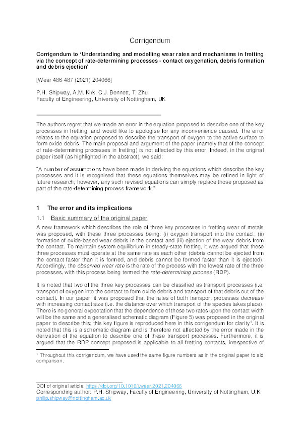 Corrigendum to ‘Understanding and modelling wear rates and mechanisms in fretting via the concept of rate-determining processes - Contact oxygenation, debris formation and debris ejection’ (Wear (2021) 486–487, (S004316482100452X), (10.1016/j.wear.2021.204066)) Thumbnail