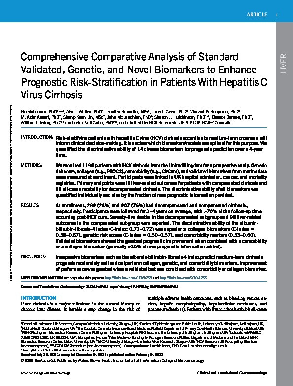 Comprehensive Comparative Analysis of Standard Validated, Genetic, and Novel Biomarkers to Enhance Prognostic Risk-Stratification in Patients With Hepatitis C Virus Cirrhosis Thumbnail