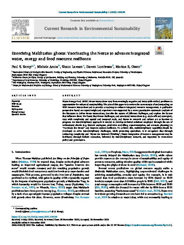 Exorcising Malthusian ghosts: Vaccinating the Nexus to advance integrated water, energy and food resource resilience Thumbnail