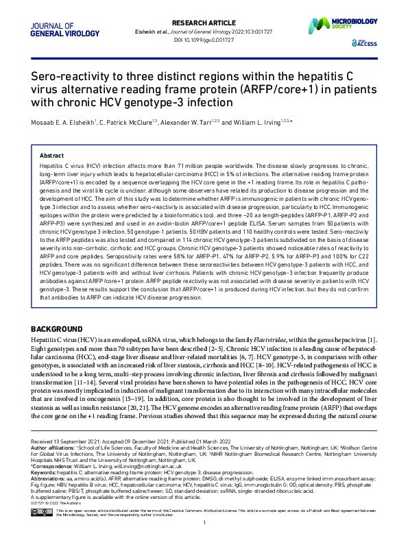 Sero-reactivity to three distinct regions within the hepatitis C virus alternative reading frame protein (ARFP/core+1) in patients with chronic HCV genotype-3 infection Thumbnail