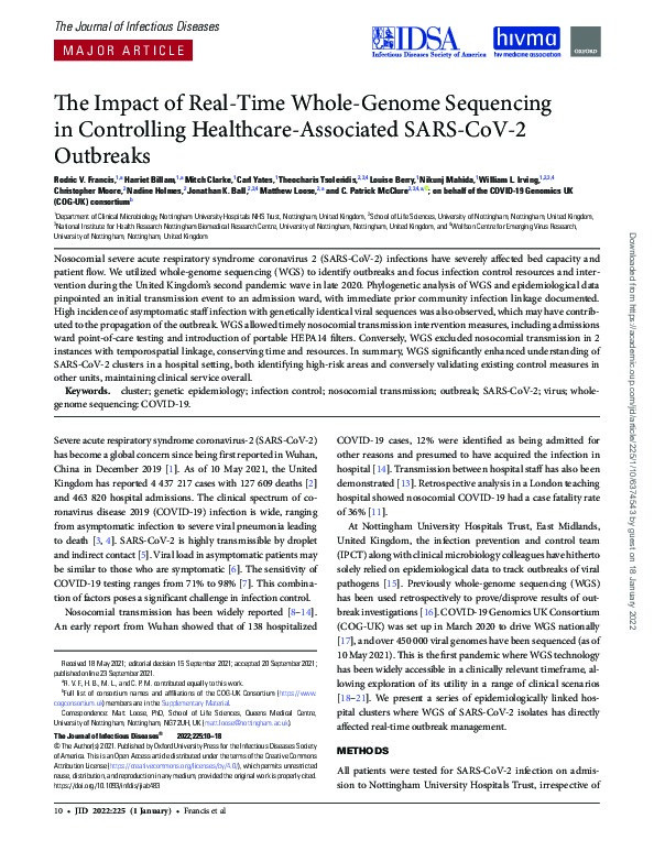 The Impact of Real-Time Whole-Genome Sequencing in Controlling Healthcare-Associated SARS-CoV-2 Outbreaks Thumbnail