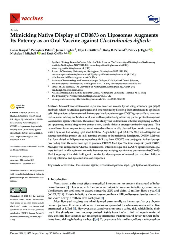 Mimicking native display of cd0873 on liposomes augments its potency as an oral vaccine against clostridioides difficile Thumbnail