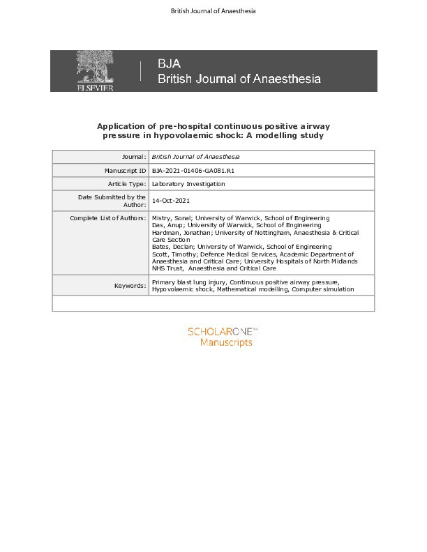 Pre-hospital continuous positive airway pressure after blast lung injury and hypovolaemic shock: a modelling study Thumbnail