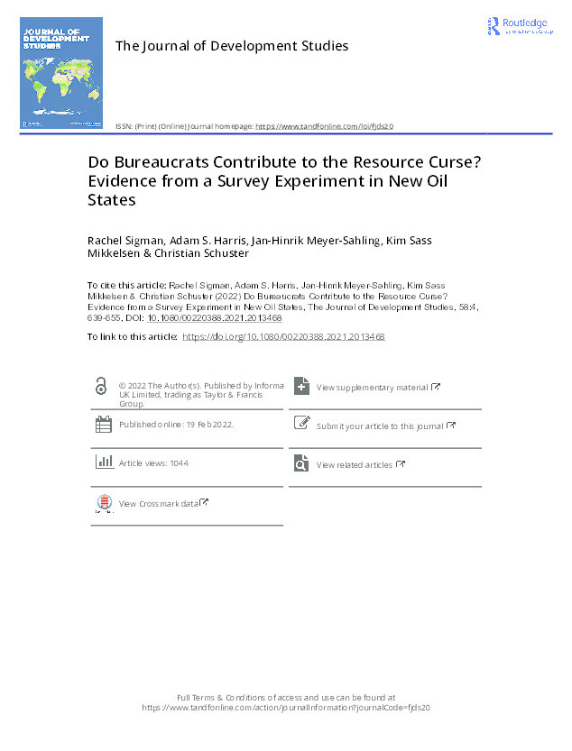 Do Bureaucrats Contribute to the Resource Curse? Evidence from a Survey Experiment in New Oil States Thumbnail