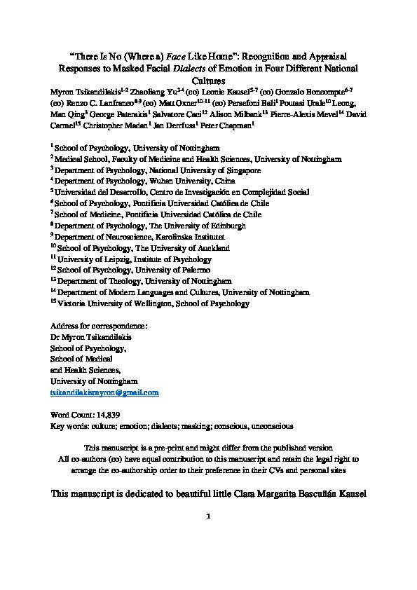 “There Is No (Where a) Face Like Home”: Recognition and Appraisal Responses to Masked Facial Dialects of Emotion in Four Different National Cultures Thumbnail