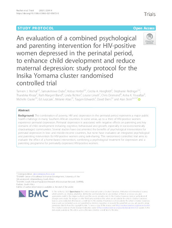An evaluation of a combined psychological and parenting intervention for HIV-positive women depressed in the perinatal period, to enhance child development and reduce maternal depression: study protocol for the Insika Yomama cluster randomised controlled trial Thumbnail